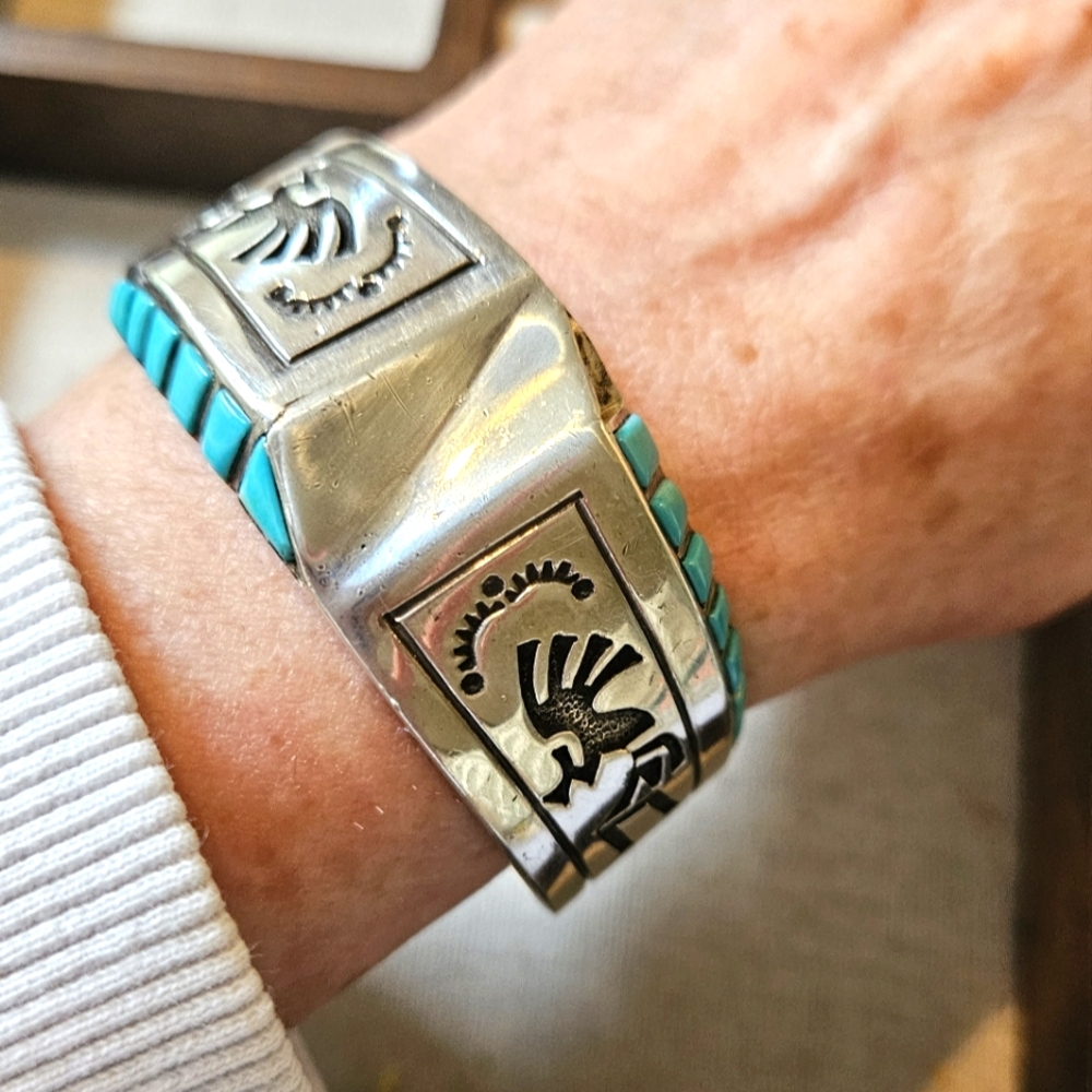 Vintage Navajo Leonard Jim Turquoise Sterling Silver Kachina Cuff Bracelet
